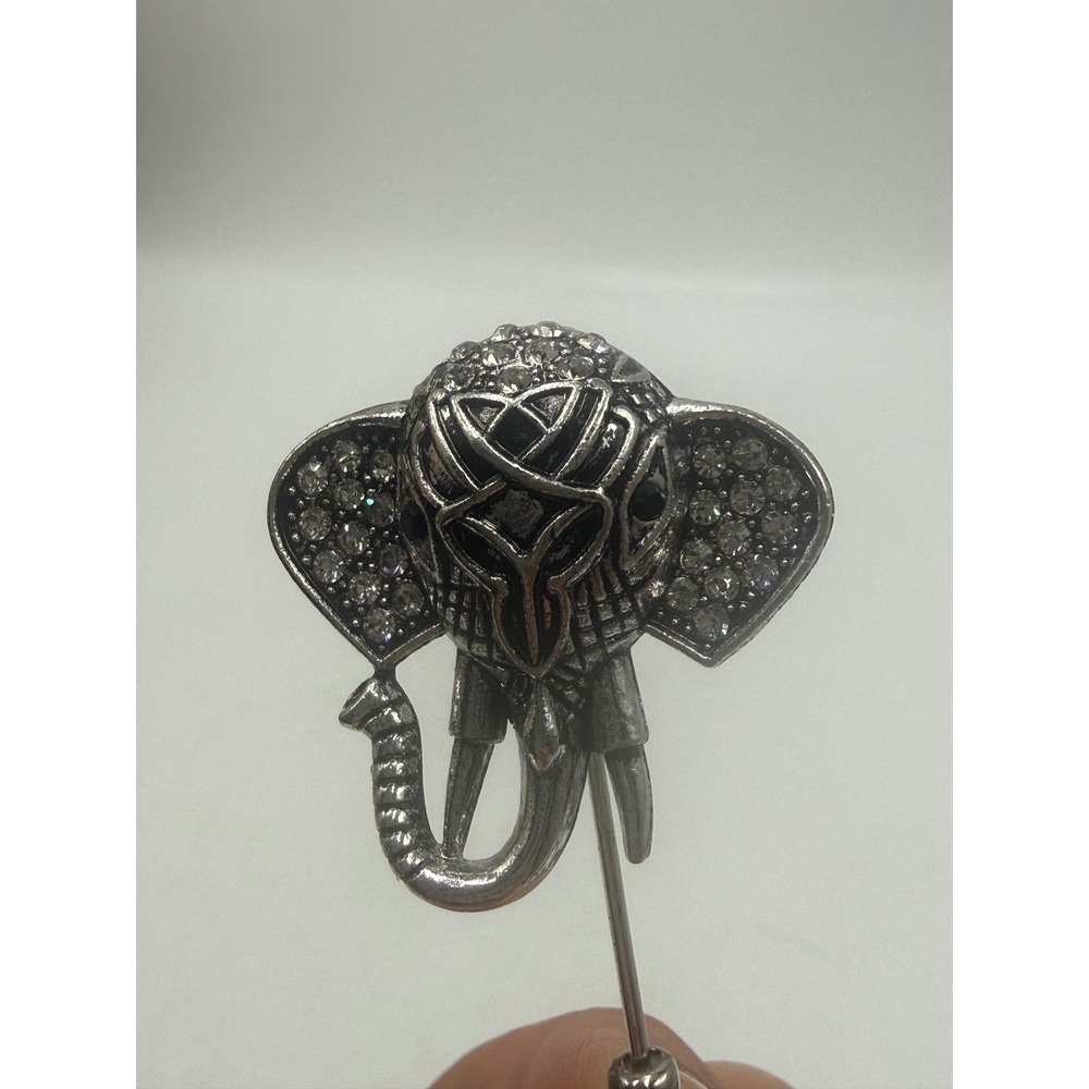 Silver Tone Elephant Head Stick Pin Rhinestone Accent Lapel Hat Pin Vintage